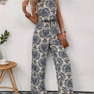 Elegant Blue and Cream Jumpsuit